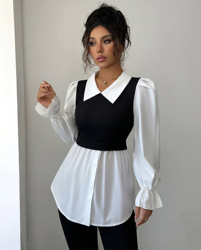 Blouse 2-en-1 noire et blanche à col large