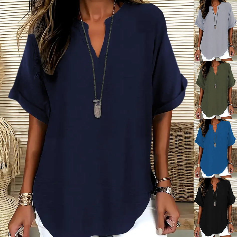 Blouse ample col V à manches courtes
