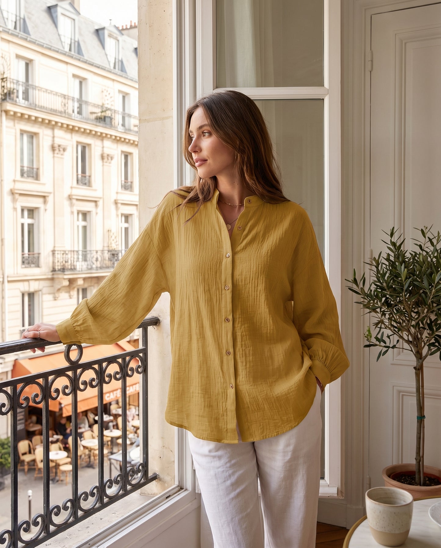 Chemise à manches longues en coton et lin